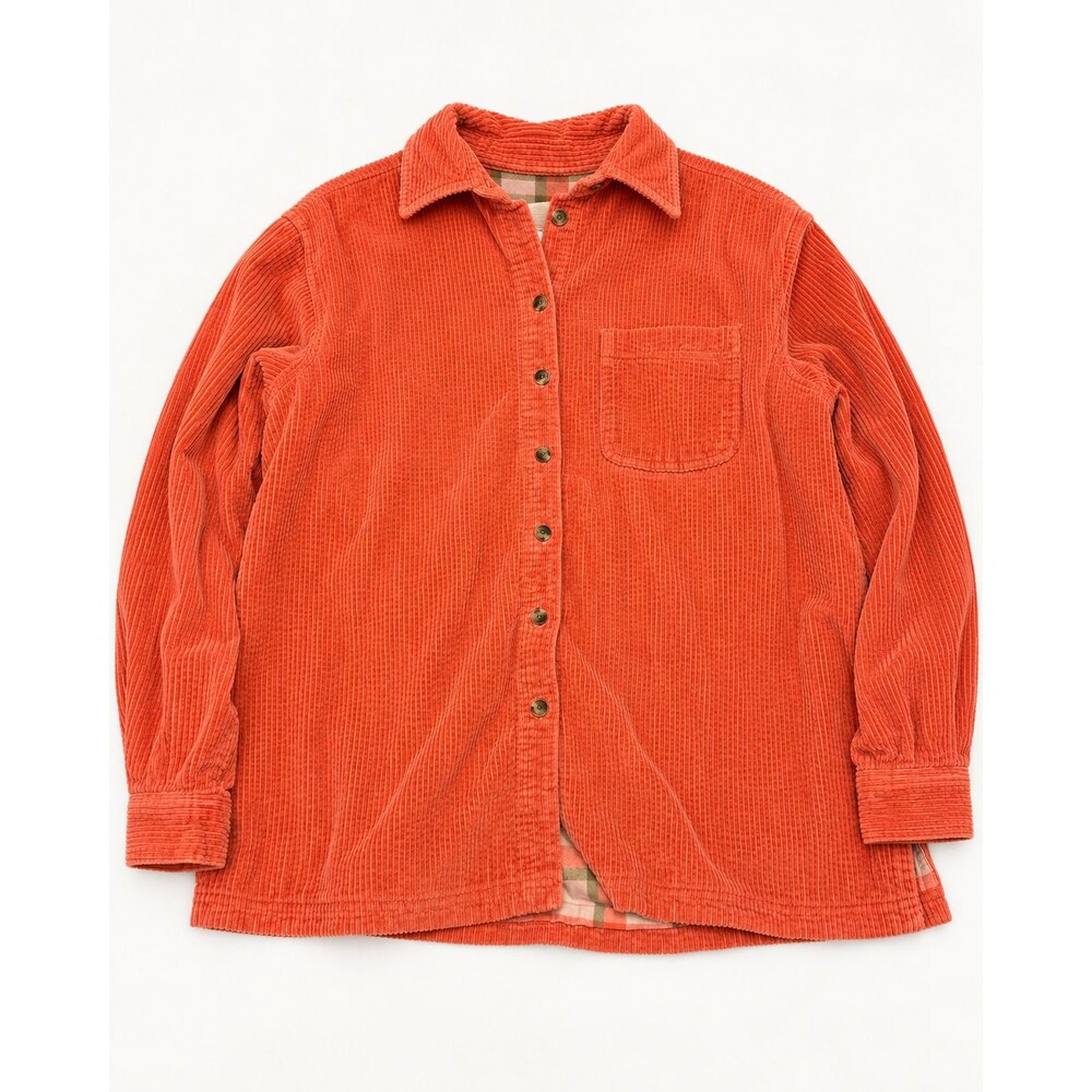L.L.Bean Corduroy Shirt Jacket L Orange Plaid Lined 100% Cotton 273275
